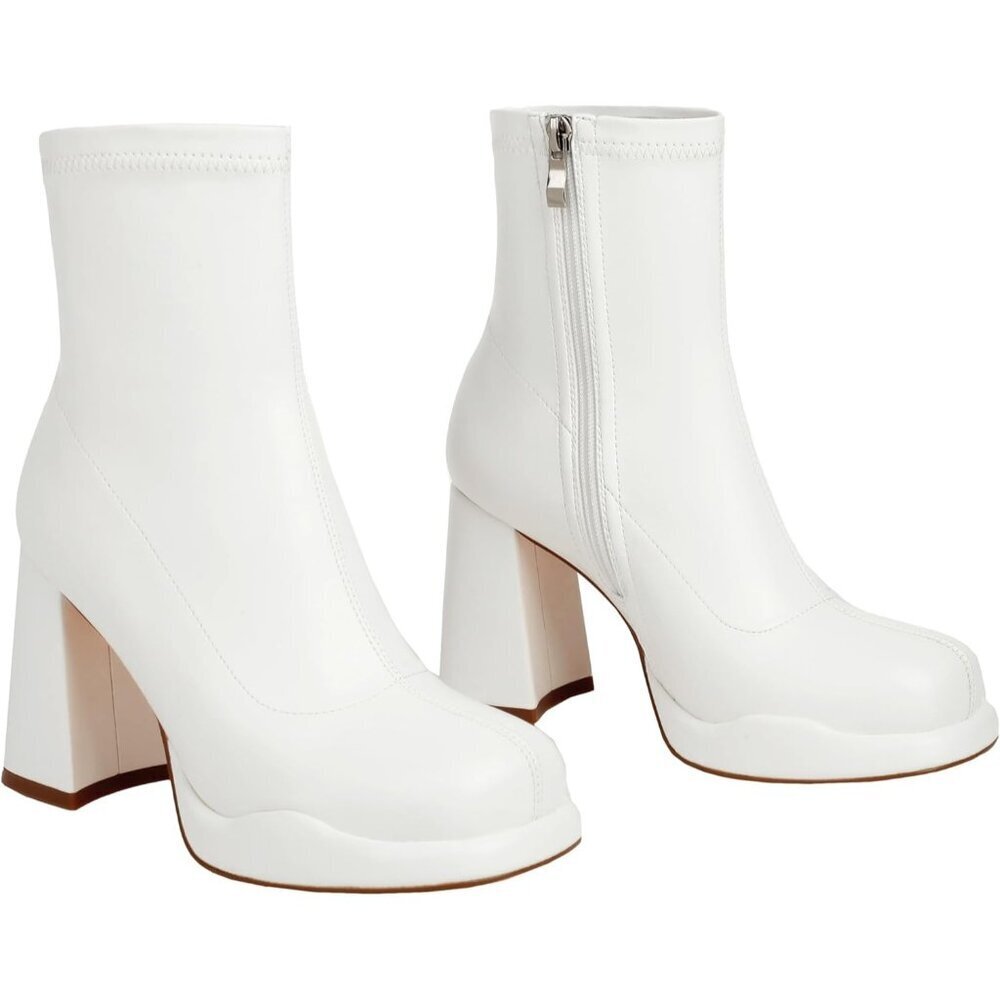 Women's White Chunky Heel Ankle Boots Square Toe Mid Calf Side Zippers Boots - Picture 5 of 9